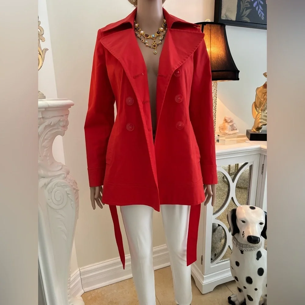 DKNY Red Funnel Neck Belted Trench Coat Pea Coat - Picture 11 of 16